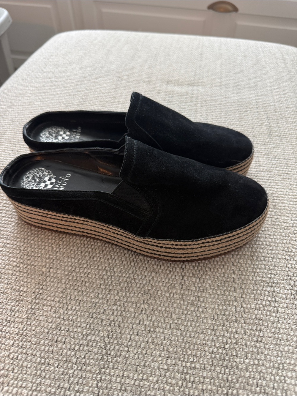Vince Camuto Black Suede Platform Espadrille Mules